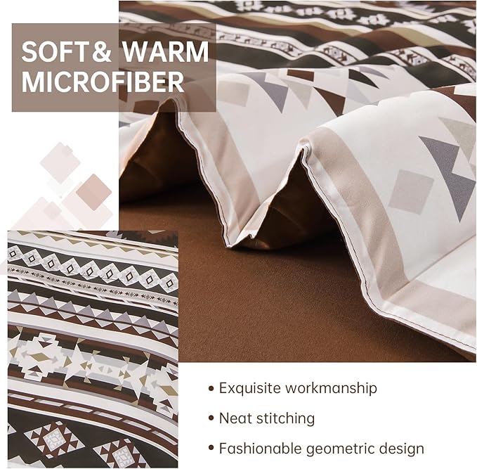 Dinjoy Boho King Size Bed in A Bag 7 Pieces,Drak Brown/Coffee Comforter Set Aztec Striped Fall Bedding Set Bohemian Complete Set Western Geometric Taupe Comforters for Women Men 90"×104"