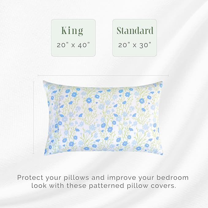 Elegant Comfort Ultra Soft Set of 2 Floral Print Pillowcases - 1500 Premium Hotel Quality Microfiber, Soft and Smooth Envelope Closure 2-Piece Pillow Covers - King, Blue Laurel