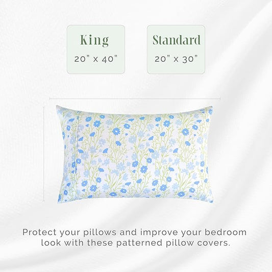 Elegant Comfort Ultra Soft Set of 2 Floral Print Pillowcases - 1500 Premium Hotel Quality Microfiber, Soft and Smooth Envelope Closure 2-Piece Pillow Covers - King, Blue Laurel