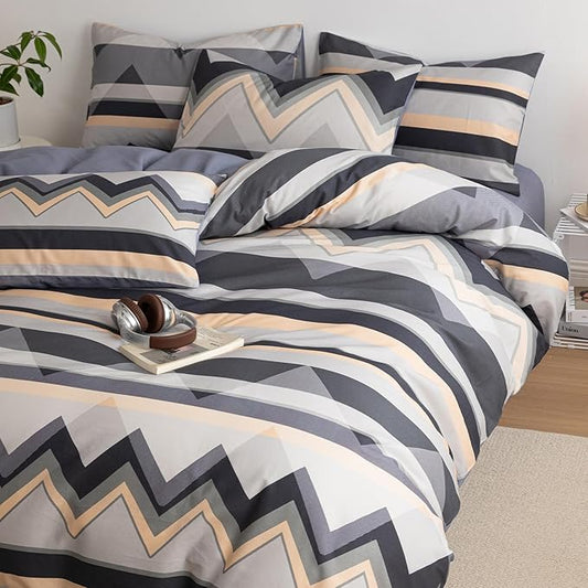 Boho Twin XL Duvet Cover Set Grey Cotton Comforter Cover Twin XL Neutral Soft Chevron Pattern Zipper Duvet Cover Set with Corner Ties Farmhouse Teen Boy Bedding Set Modern Duvet Protector