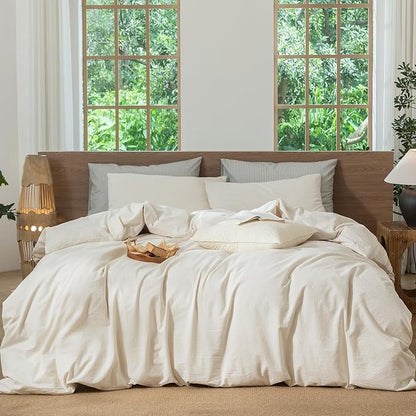 MooMee Striped Duvet Cover Set 100% Washed Cotton Linen Like Textured Breathable Durable Soft Comfy (Almond Milk Grey Pinstripes, Super King 108"x98")