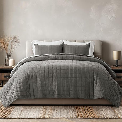 EVERGRACEHOME 100% Cotton Box Stitch Quilt Bedding Set Queen Size 3 Pieces, Garment-Washed Lightweight Soft Cozy Coverlet, Quilted Bedspread Sets with 2 Shams for All Season, Dark Gull Gray