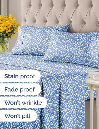 Floral Sheets - Blue & White Bed Sheet Set - 1 Flat, 1 Fitted & 1 Pillowcase w/ Deep Pockets - Comfy, Cozy, Wrinkle & Fade Free - Boho Botanical Bedding - Soft, Breathable & Cooling - Twin XL Size Set
