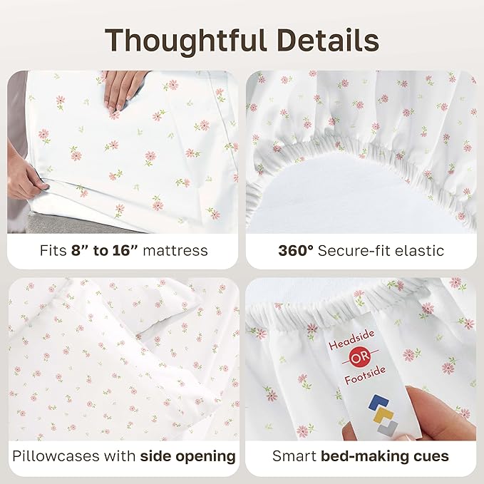 California Design Den Queen Sheet Set - 400 Thread Count Sateen, Natural 100% Cotton Sheets, Deep Pocket and Durable Bedding - Soft Floral