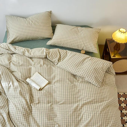 EAVD Vintage Style Green Plaid Duvet Cover Queen Soft 100% Washed Cotton Chic Checkered Gingham Bedding Set with 2 Pillowcases Farmhouse Green Gingham Duvet Cover with Zipper Closure