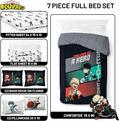 Jay Franco Kids Comforter Set Includes Sheets and Pillow Covers - Soft and Cozy Bed Set for Stylish Room Decor, Black - My Hero Academia, 7 Piece Full Size Bedding