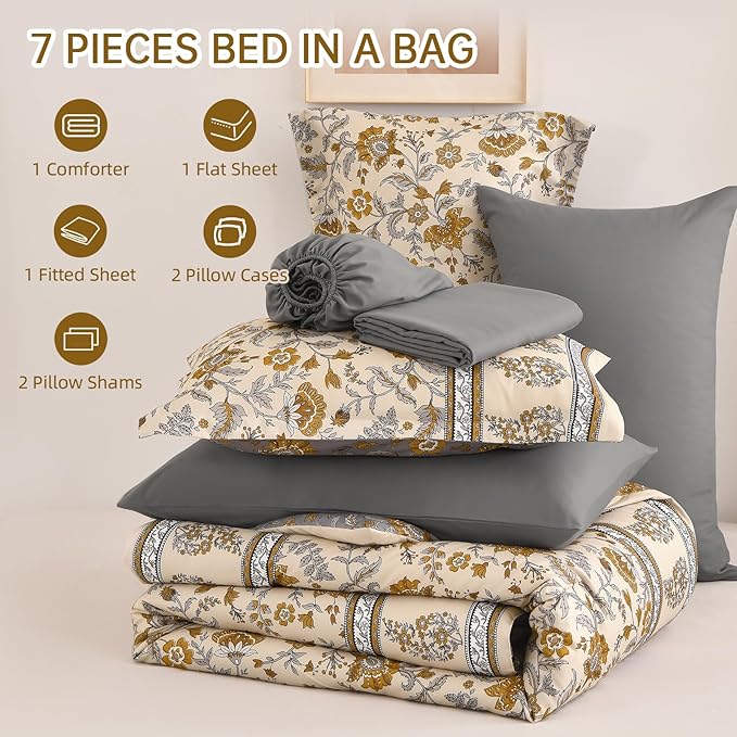 Dinjoy Comforter Set King Size Boho, Reversible Beige Bedding Paisley Floral 7 Piece Bed in a Bag Soft Lightweight Bohemain Comforters with Sheet Sets for All Season