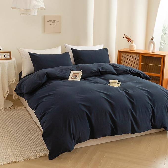 ECOCOTT Navy Blue Duvet Cover Super Queen Size - 100% Washed Cotton Durable Soft Comfy Bedding Set, 3 Pieces Duvet Cover with Zipper Closure (Navy Blue, 98''x90'')