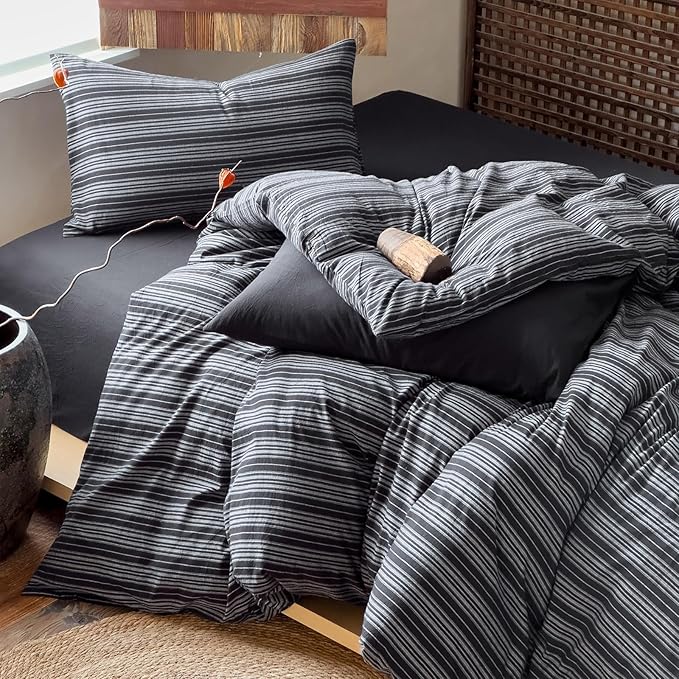 EAVD Retro Black Striped Duvet Cover Queen Soft 100% Washed Cotton Reversible Striped Pattern Bedding Set with 2 Pillowcases Farmhouse Geometric Duvet Cover with Zipper Closure
