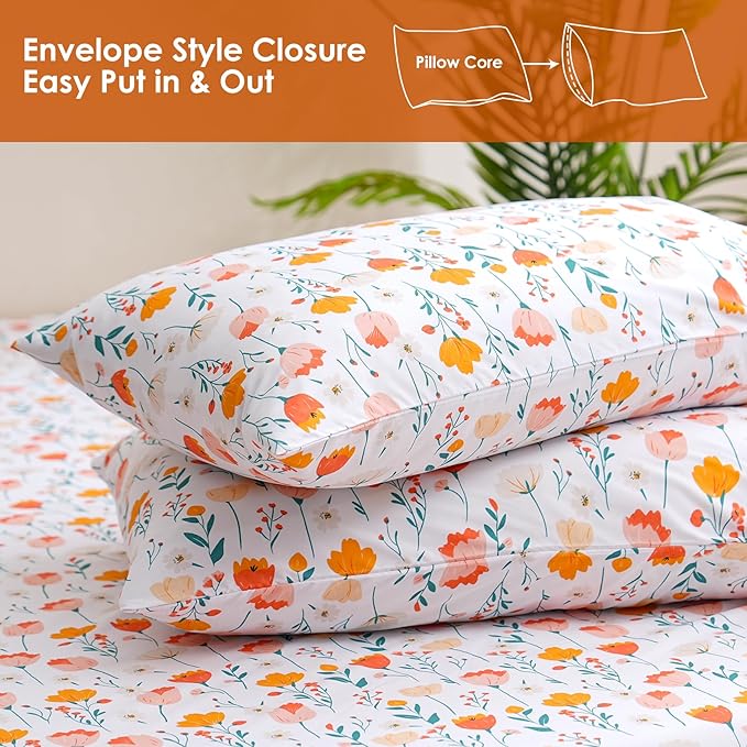 JSD Tulip Floral Sheet Set Full Size, 4 Piece Spring Printed Microfiber Bed Sheets Deep Pocket