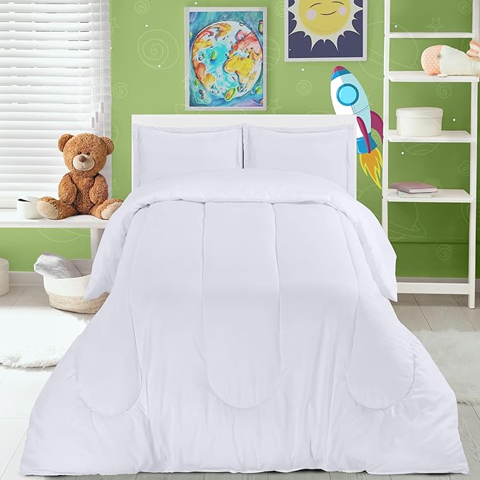 Utopia Bedding White Kids Comforter Set with 2 Pillow Shams, 3 Piece Soft Microfiber Twin Bed Comforter with Pillow Shams, Printed Kids Bedding for Boys and Girls, Lightweight, Breathable,Easy Care