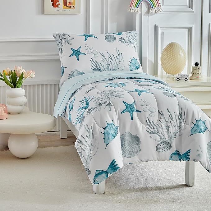 White Toddler Bedding Set for Boys Girls Water Blue Colorful Ocean Starfish Shell Aquatic Plant 4PC Toddler Bed Set - Soft Blue Cute Toddler White Bed in a Bag with Sheet Set and Pillow Shams