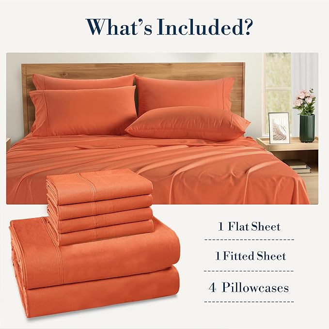 Casa Platino 100% Cotton Sheets King Size – Breathable Crisp Percale King Mattress Sheets with 4 Pillowcases, 15" Deep Pocket Fitted Sheet, Ultra Soft & Cozy Feel for Great Nights Sleep – Rust