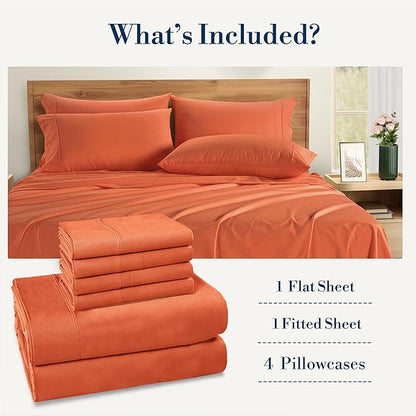 Casa Platino 100% Cotton Sheets Queen – Breathable Crisp Percale Queen Mattress Sheets with 4 Pillowcases, 15" Deep Pocket Fitted Sheet, Ultra Soft & Cozy Feel for Great Nights Sleep – Rust