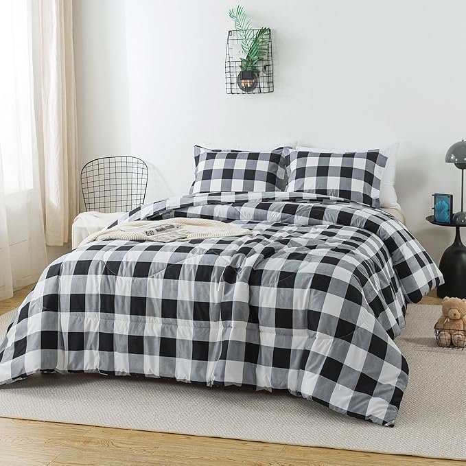 Caressma King Comforter Set Black and White (104x90 Inch), 3 Pieces Buffalo Plaid Comforter Bedding Set, Stylish Geometric Plaid Fluffy Home Decor for All Seasons