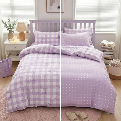 Light Purple Bowknot Comforter Set Twin Size for Girls, Gingham Bedding with Heart Pattern, 2 Pcs Checkered Plaid Quilted Comforter Set with 1 Pillowcase, 68"x86"