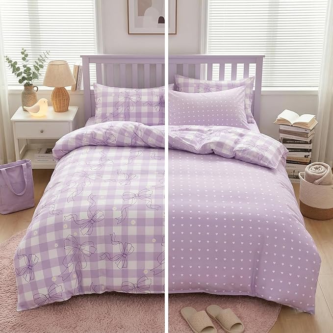 Purple Gingham Comforter Set Full for Girls, Light Purple Bowknot Bedding with Heart Pattern, 3 Pcs Checkered Plaid Quilted Comforter Set with 2 Pillowcases, 79"x90"