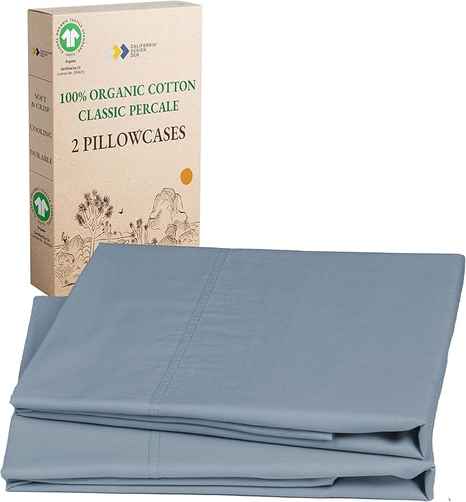 California Design Den 100% Organic Cotton Standard/Queen Pillow Cases 2, Soft Percale Weave Cotton Pillowcases (Blue Hydrangea)