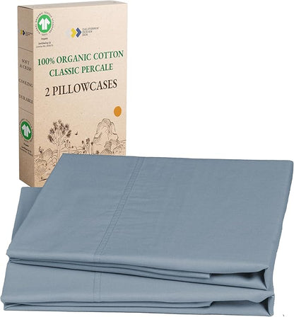 California Design Den 100% Organic Cotton Standard/Queen Pillow Cases 2, Soft Percale Weave Cotton Pillowcases (Blue Hydrangea)