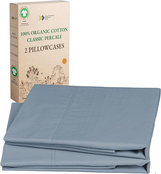 California Design Den 100% Organic Cotton King Size Pillow Cases 2 Set, Soft & Crisp Percale Weave Cotton Pillowcases (Blue Hydrangea)