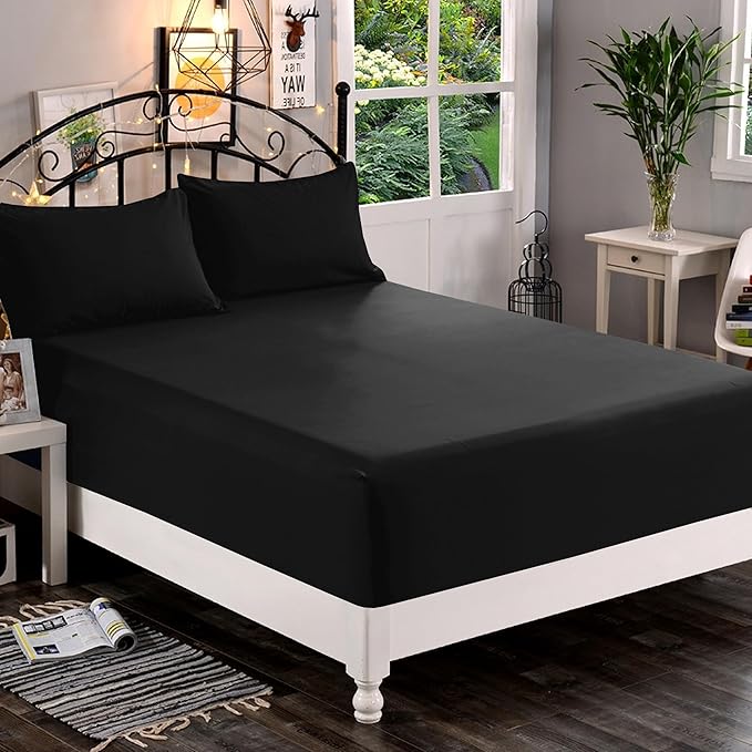 Elegant Comfort 1500 Premium Quality Fitted Sheet Ultra Soft 18-24 Inch Extra Deep Pocket - Single Fitted Sheet for High Mattress - Wrinkle Free with Smart Storage Pockets, Full, Black