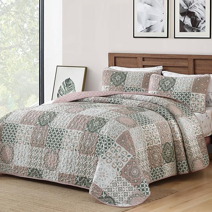 Dobuyly Blush Quilt Set Queen Size, Boho Patchwork Plaid Bedspread Coverlet Set, 3 Pieces Soft Microfiber Farmhouse Quilt Bedding Set Lightweight Bed Cover for All Seasons 96"x90"