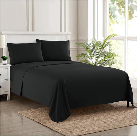 RV Queen Bed Sheets - Breathable Luxury Sheets with Full Elastic & Secure Corner Straps Built In - 1800 Supreme Collection Extra Soft Deep Pocket Bedding Set, Sheet Set, RV Short Queen, Black