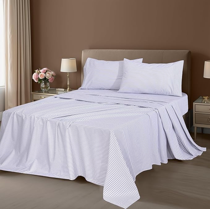 ZOYER 100% Cotton Sheets – Queen Size Percale Bedding, Cooling & Breathable, Durable with a Crisp, Soft & Comfortable Feel, 16" Deep Pocket, 4-Piece Set, Grey Stripe