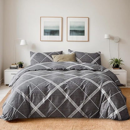 TOCOMOA Plaid Duvet Cover Set 100% Natural Cotton Soft Comfy Breathable 3 Piece Grey and White Striped Pattern Printed Comforter Cover Bedding Set (King 104"x90", Comforter Not Included)