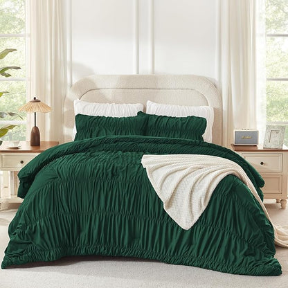 Andency Ruched Dark Emerald Green Oversized Queen Size Comforter Sets, Shabby Chic Pleated Bedding Sets 3 Pieces, Lightweight Soft Boho Ruffle Bed Set for Girls, Kids, Women, All Season