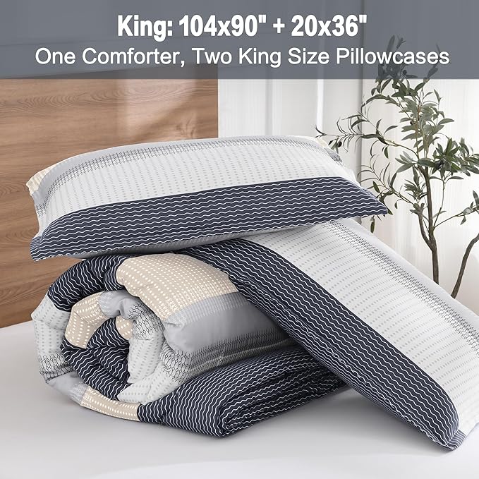 Litanika Comforter Set King Size Blue Yellow - 3 Pieces Lightweight Blue Yellow White Colorblock Stripe Fluffy Bedding Comforter Sets, All Season Bed Set