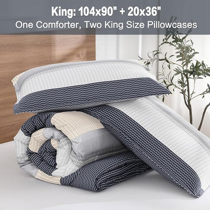 Litanika Comforter Set King Size Blue Yellow - 3 Pieces Lightweight Blue Yellow White Colorblock Stripe Fluffy Bedding Comforter Sets, All Season Bed Set