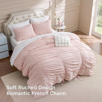 Bedsure Ruched Comforter Set with Bow Trim Pink, GentleSoft™ 3 Pieces Bow Shabby Chic Bedding Pink Room Decor, Queen Boho Bedding for Girls Teens Women, 1 Bed Comforter, 2 Pillow Shams, 90x90 Inches