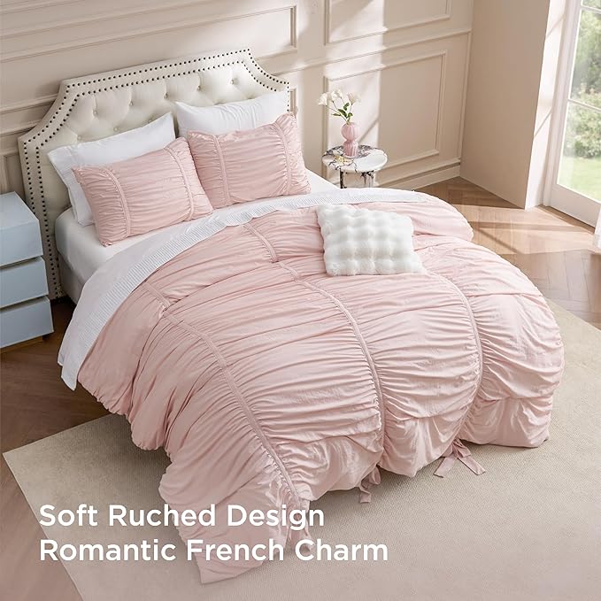 Bedsure Ruched Comforter Set with Bow Trim Pink, GentleSoft™ 3 Pieces Bow Shabby Chic Bedding Pink Room Decor, Full Boho Bedding for Girls Teens Women, 1 Bed Comforter, 2 Pillow Shams, 82x86 Inches