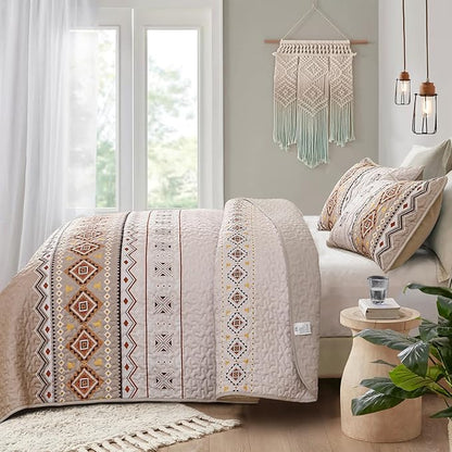 WONGS BEDDING Boho Beige Quilt Set King Size,Geometry Printed Bedspread Coverlet Set with 2 Pillowcases,Soft Bohemian Bedding Set King 104"×90"