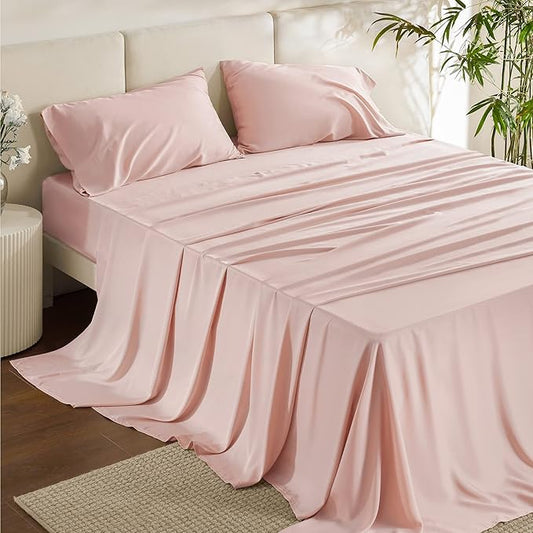 Bedsure California King Sheet Sets, Cooling Sheets for Hot Sleepers, Rayon Derived from Bamboo, PureWoven, Breathable & Soft, Deep Pocket Up to 16 Inches, Hotel Luxury Silky Bedding, Pink