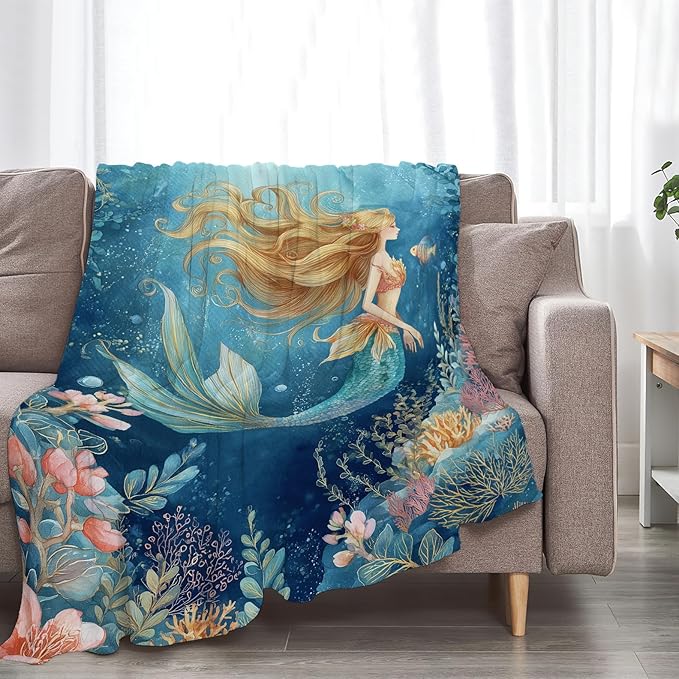 Mermaid Blanket Super Soft Warm Fluffy Fleece Flannel Fantasy Throw Blanket Cozy Fuzzy Plush Stuff Bedding Blankets Gifts for Women Kids Boys Girls Adults 50"X40"