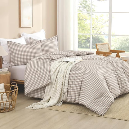 Andency Tan Gingham Comforter Set Queen(90x90Inch), Brown Checkered Grid Plaid Buffalo Bed Set for Girls Boys Kids Teens, 3 Pieces Lightweight Polyester Geometric Preppy Bedding