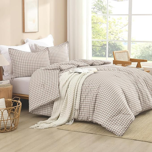 Andency Tan Gingham Comforter Set Queen(90x90Inch), Brown Checkered Grid Plaid Buffalo Bed Set for Girls Boys Kids Teens, 3 Pieces Lightweight Polyester Geometric Preppy Bedding