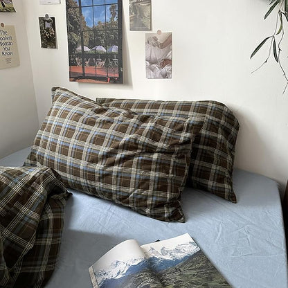 MKXI Buffalo Plaid Duvet Cover Twin XL - 3 Piece Washed Cotton Bedding Set, Blue Brown Green Vintage Aesthetic, Soft Breathable with Zipper Closure