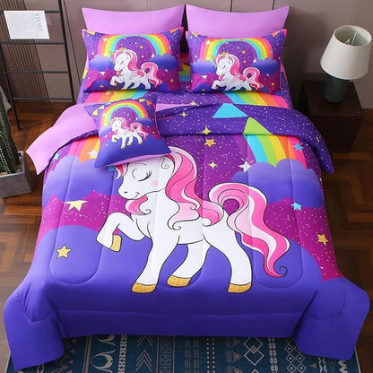 JQinHome Unicorn Queen Bedding Sets for Girls Kids,8 Piece Bed in A Bag 3D Purple Rainbow Theme Unicorn Comforter Set with Sheet Set(Rainbow)
