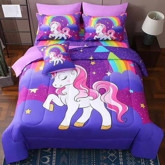 JQinHome Unicorn Queen Bedding Sets for Girls Kids,8 Piece Bed in A Bag 3D Purple Rainbow Theme Unicorn Comforter Set with Sheet Set(Rainbow)