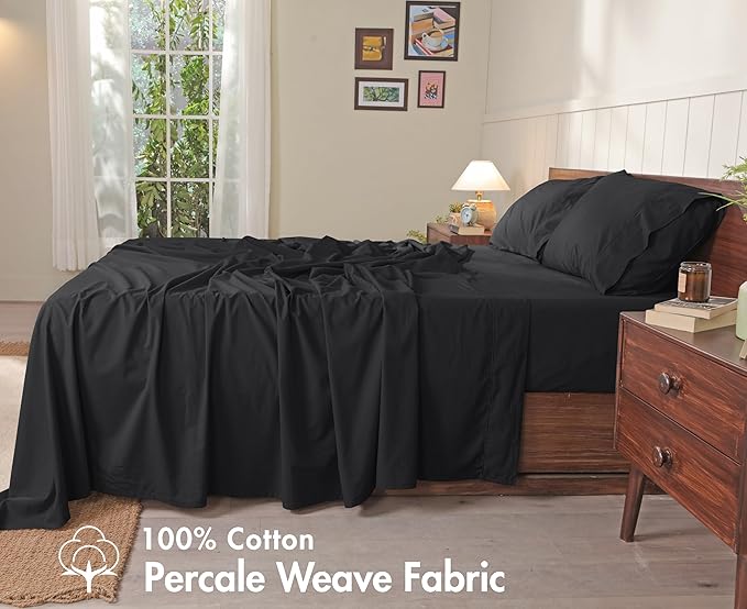 RUVANTI 100% Cotton Sheets – California King Percale Bedding, Cooling & Breathable, Durable with a Crisp, Soft & Comfortable Feel, 14" Deep Pocket, 4-Piece Set, Jet Black