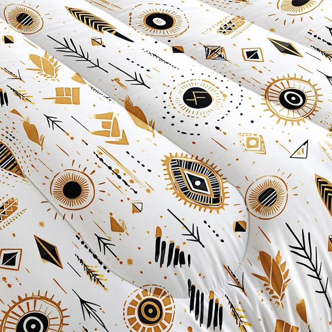 Boho Aztec Comforter Set Queen Yellow Geometry Bedding Sets 3PCS for Kids Teen Adult Room Decor Ultra-Soft Lightweight Microfiber 1 Comforter with 2 Pillowcases