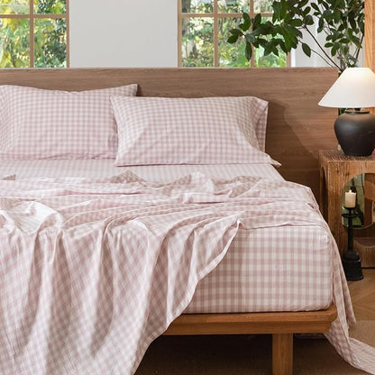 MooMee Gingham Sheet Set 100% Washed Cotton Linen Like Textured Breathable Soft w/Fully Elasticized 16-19" Deep Pocket (Classic Gingham Greyish Pink, King)