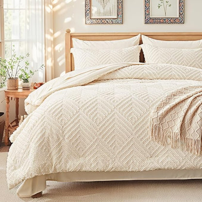 Zzlpp Full Comforter Set 7 Pieces, Cream Tufted Bed in a Bag with Comforter and Sheets, All Season Boho Bedding Sets with 1 Comforter, 2 Pillow Shams, 2 Pillowcases, 1 Flat Sheet, 1 Fitted Sheet
