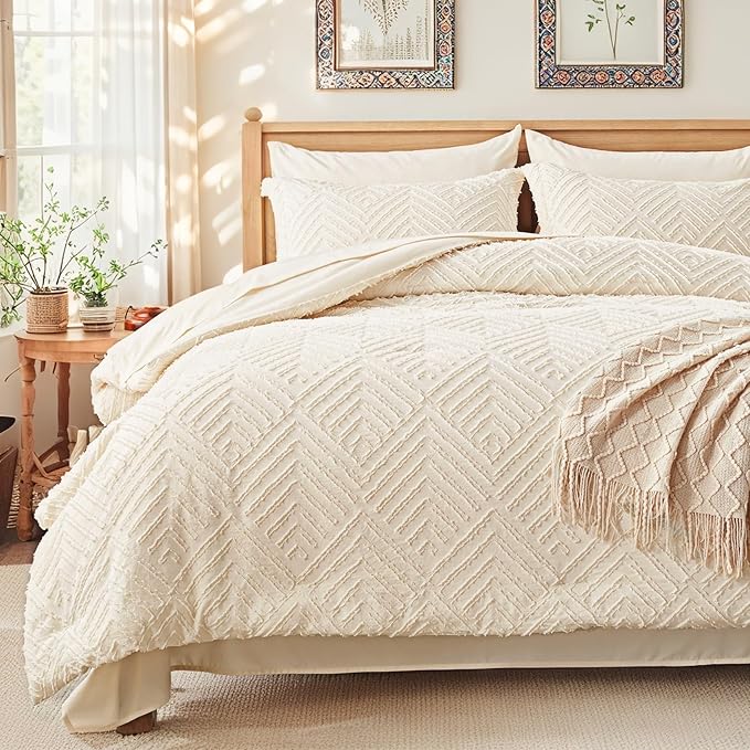 Zzlpp King Comforter Set 7 Pieces, Cream Tufted Bed in a Bag with Comforter and Sheets, All Season Boho Bedding Sets with 1 Comforter, 2 Pillow Shams, 2 Pillowcases, 1 Flat Sheet, 1 Fitted Sheet