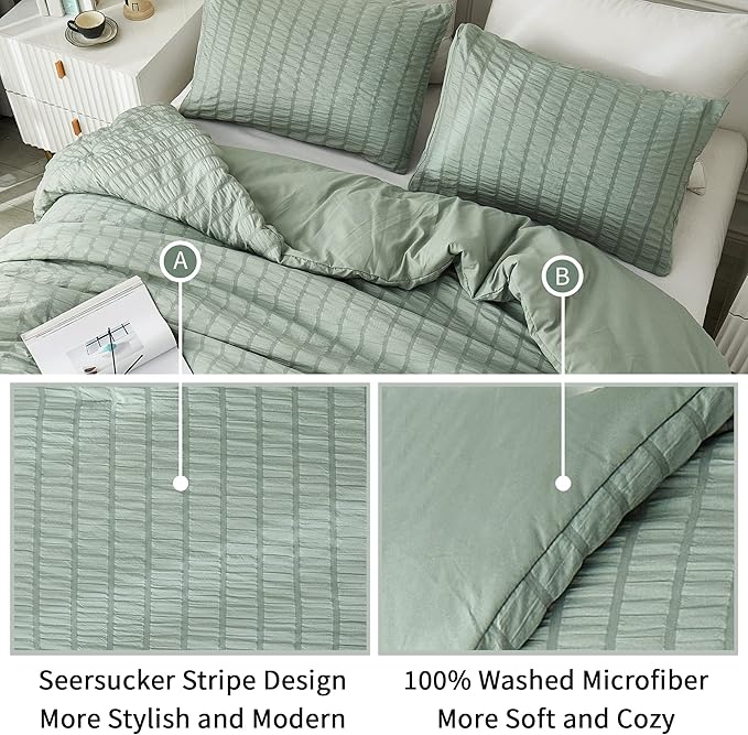 AveLom Sage Green Seersucker California King Comforter Set (104x96 inches), 3 Pieces-100% Soft Washed Microfiber Lightweight Comforter with 2 Pillowcases, All Season Down Alternative Bedding Set