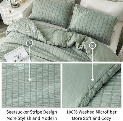 AveLom Sage Green Seersucker Full Comforter Set (80x90 inches), 3 Pieces - 100% Soft Washed Microfiber Lightweight Comforter with 2 Pillowcases, All Season Down Alternative Comforter Set for Bedding