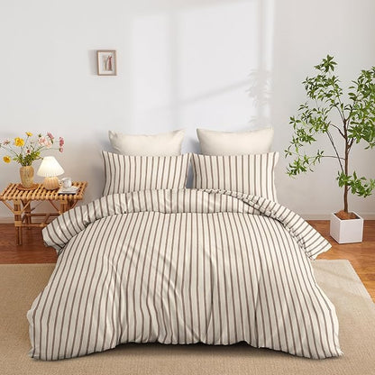 Nayoroom Striped Comforter Set Queen Size Brown Stripe Comforter 3 Pieces Girls Soft Lightweight Pinstripe Dorm Bedding Set for All Seasons (Tannish Linen Grey Brown Stripes)